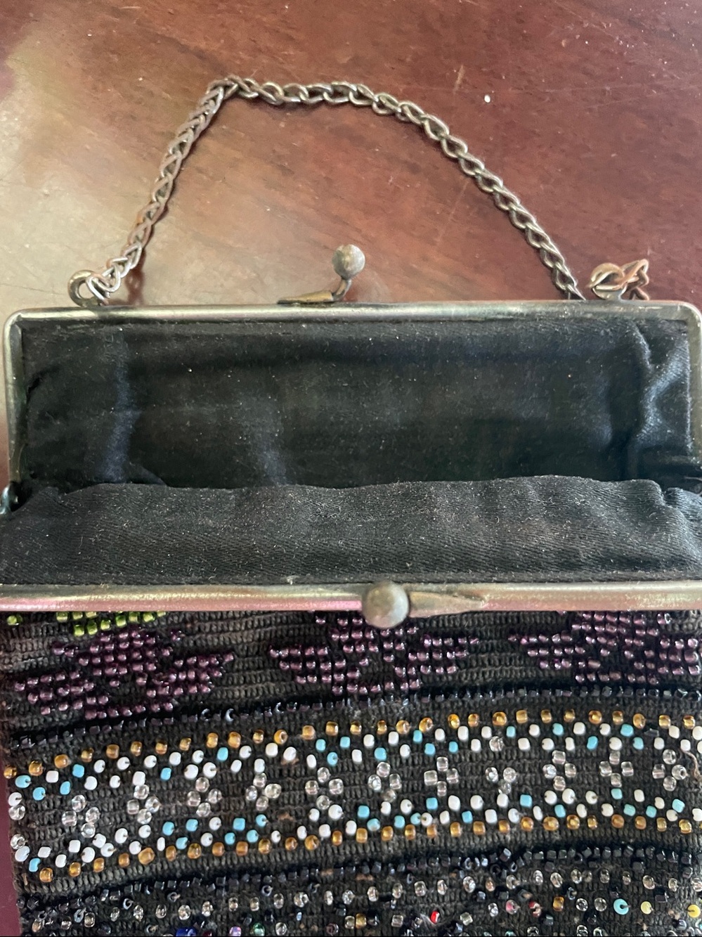 Vtg Beaded Black Evening Bag with Green & Purple geometric Accents. Art Deco - Picture 2 of 5